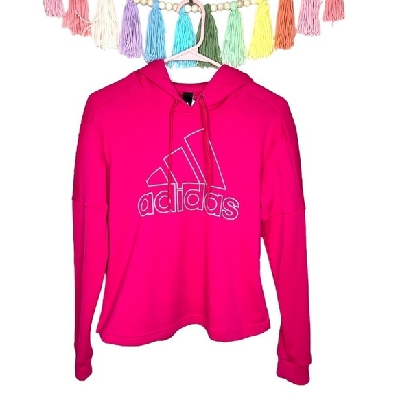 Adidas Bright Hot Pink Pullover Hooded Logo Fleece Lined Sweatshirt Size Small - Picture 3 of 16